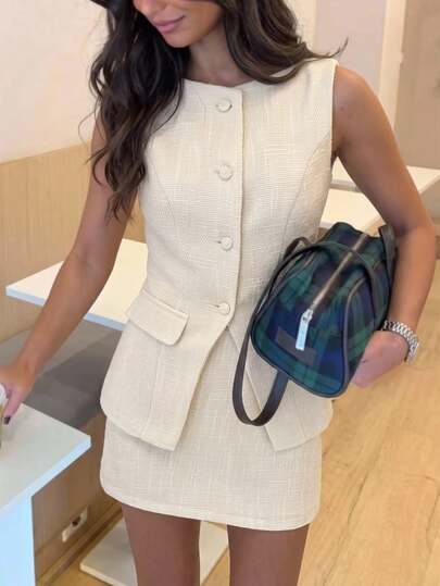 Aloruh 女款優雅辦公通勤羊毛混紡無袖單排扣西裝背心，適合秋冬辦公室穿著