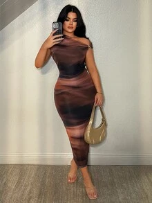 SHEIN SXY 女士修身时尚扎染单肩长裙 - 彩色 - 查看 4