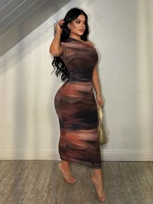 SHEIN SXY 女士修身时尚扎染单肩长裙 - 彩色 - 查看 5