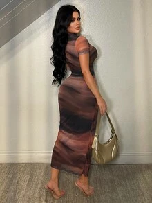 SHEIN SXY 女士修身时尚扎染单肩长裙 - 彩色 - 查看 2