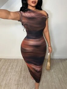 SHEIN SXY 女士修身时尚扎染单肩长裙 - 彩色 - 查看 7
