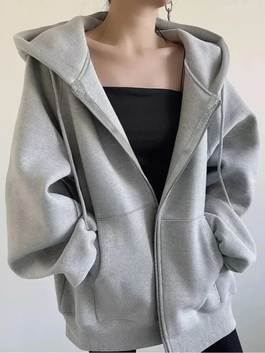 INAWLY Women's Loose Casual Hooded Zip-Up Cardigan Fall Winter Cloth For Women - Light Grey - View 1
