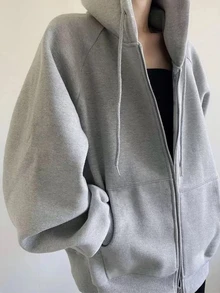 INAWLY Women's Loose Casual Hooded Zip-Up Cardigan Fall Winter Cloth For Women - Light Grey - View 3