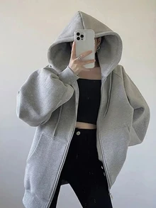 INAWLY Women's Loose Casual Hooded Zip-Up Cardigan Fall Winter Cloth For Women - Light Grey - View 4
