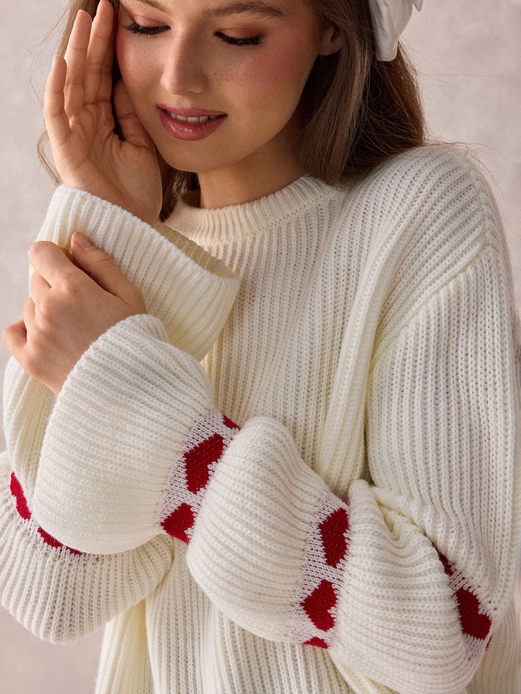 SHEIN Women's Heart Print Sleeve Knit Sweater Long Sleeve Crew Neck Ribbed Pullover Everyday School Off-White Autumn Winter Romantic Casual Preppy Date - White - View 5
