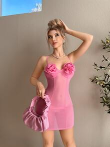 Sweetina Slim Fit Perspective Floral Decor  Bodycon Pink Strapless Dress - Pink - View 3