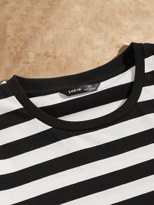 FRESIVO Men Round Neck Color Block Striped Long Sleeve Tee, Fashion, Boyfriend Gift, For Going Out, Summer, For Fall, Couple Things - Black and White - View 4