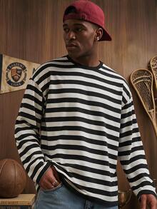 FRESIVO Men Round Neck Color Block Striped Long Sleeve Tee, Fashion, Boyfriend Gift, For Going Out, Summer, For Fall, Couple Things - Black and White - View 1