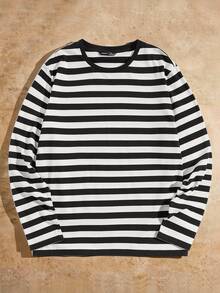 FRESIVO Men Round Neck Color Block Striped Long Sleeve Tee, Fashion, Boyfriend Gift, For Going Out, Summer, For Fall, Couple Things - Black and White - View 2