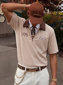 FRESIVO 男士字母條紋短袖休閒 Polo 衫 - 酒紅色 - 查看 7