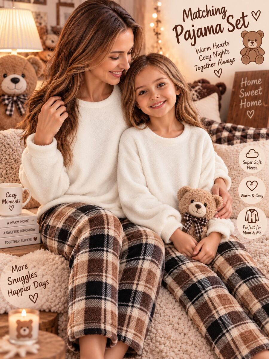 Kids Tween Girl Solid Color Crew Neck Long Sleeve Autumn Top And Plaid Pants 2 Pieces Loungewear Set - White - View 1
