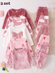 SHEIN 4件組女嬰粉色蝴蝶結刺繡圓領套頭上衣，櫻桃毛絨秋冬套裝，適合冬季 - 粉色 - 查看 8