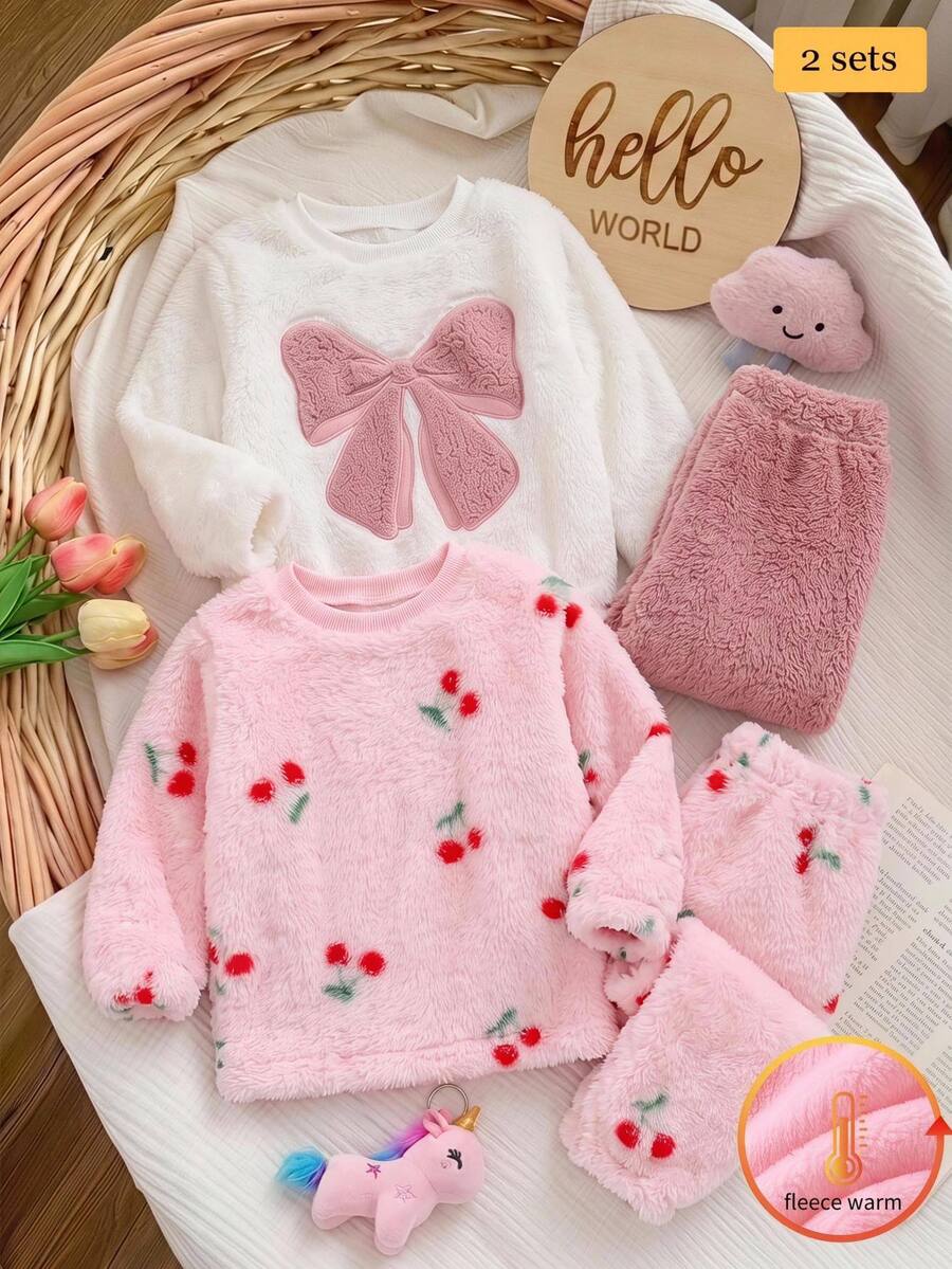 SHEIN 4件組女嬰粉色蝴蝶結刺繡圓領套頭上衣,櫻桃毛絨秋冬套裝,適合冬季 - 粉色 - 查看 1