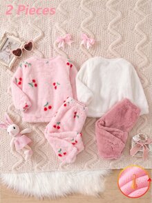 SHEIN 4件組女嬰粉色蝴蝶結刺繡圓領套頭上衣，櫻桃毛絨秋冬套裝，適合冬季 - 粉色 - 查看 2
