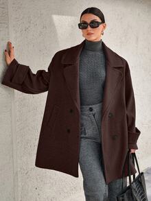 EURMUSE Oversized Elegant Boxy Double-Breasted Overcoat Office Dark Brown Winter - Chocolate Brown - View 5