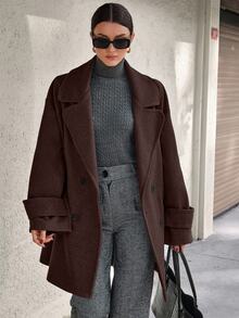 EURMUSE Oversized Elegant Boxy Double-Breasted Overcoat Office Dark Brown Winter - Chocolate Brown - View 1