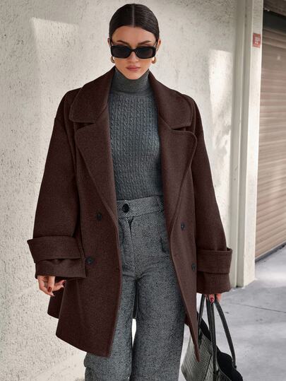 EURMUSE Oversized Elegant Boxy Double-Breasted Overcoat Office Dark Brown Winter