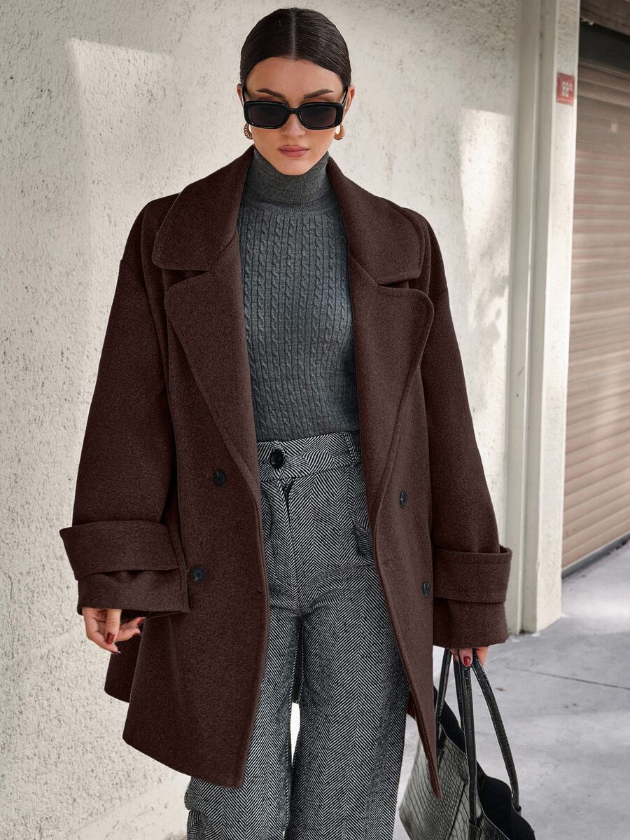 EURMUSE Oversized Elegant Boxy Double-Breasted Overcoat Office Dark Brown Winter - Chocolate Brown - View 1
