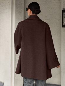 EURMUSE Oversized Elegant Boxy Double-Breasted Overcoat Office Dark Brown Winter - Chocolate Brown - View 2