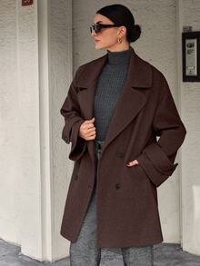 EURMUSE Oversized Elegant Boxy Double-Breasted Overcoat Office Dark Brown Winter - Chocolate Brown - View 3