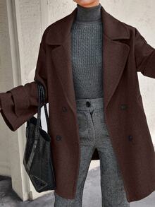 EURMUSE Oversized Elegant Boxy Double-Breasted Overcoat Office Dark Brown Winter - Chocolate Brown - View 7