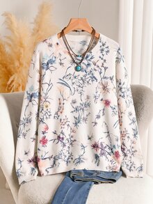 EMERY ROSE Plus Size Women's Floral Pattern Round Neck Long Sleeve Casual Elegant Pullover Sweater Autumn Vacation Formal White - Apricot - View 1