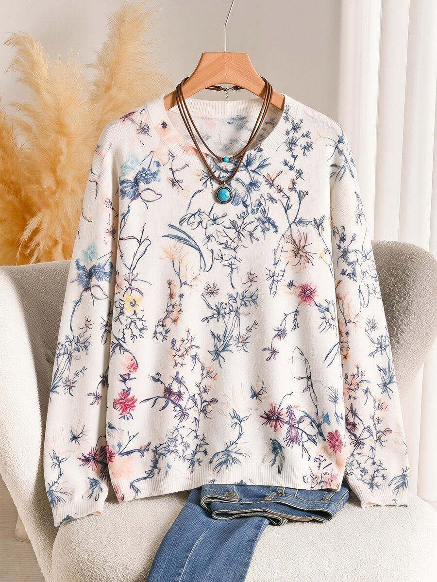EMERY ROSE Plus Size Women's Floral Pattern Round Neck Long Sleeve Casual Elegant Pullover Sweater Autumn Vacation Formal White - Apricot - View 1