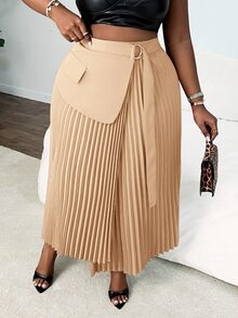 Veslaya Plus Size Women Elegant Romantic Solid Color Ruched Waist Adjustable Tie Skirt, Red Brown - Apricot - View 6