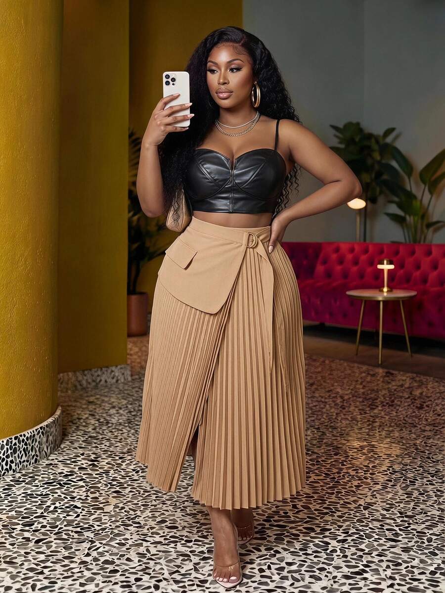 Veslaya Plus Size Women Elegant Romantic Solid Color Ruched Waist Adjustable Tie Skirt, Red Brown - Apricot - View 1