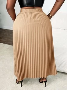 Veslaya Plus Size Women Elegant Romantic Solid Color Ruched Waist Adjustable Tie Skirt, Red Brown - Apricot - View 2