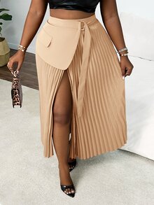 Veslaya Plus Size Women Elegant Romantic Solid Color Ruched Waist Adjustable Tie Skirt, Red Brown - Apricot - View 7