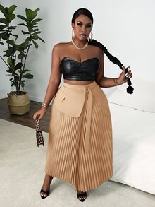 Veslaya Plus Size Women Elegant Romantic Solid Color Ruched Waist Adjustable Tie Skirt, Red Brown - Apricot - View 8