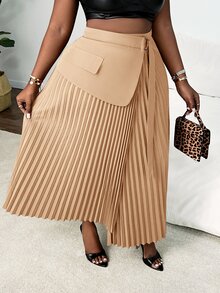 Veslaya Plus Size Women Elegant Romantic Solid Color Ruched Waist Adjustable Tie Skirt, Red Brown - Apricot - View 3