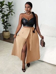 Veslaya Plus Size Women Elegant Romantic Solid Color Ruched Waist Adjustable Tie Skirt, Red Brown - Apricot - View 4