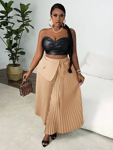 Veslaya Plus Size Women Elegant Romantic Solid Color Ruched Waist Adjustable Tie Skirt, Red Brown - Apricot - View 5