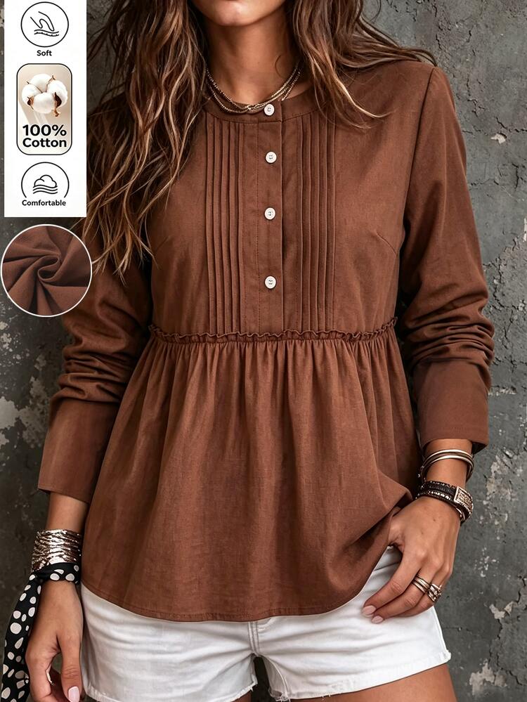 Holdful Holdful Kemeja Kasual Minimalis Boho Wanita dengan Kancing Setengah Plaket, Warna Cokelat untuk Makan Siang dan Musim Gugur - Coffee Brown - View 6