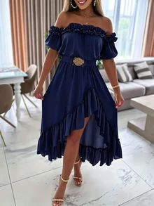 Xyvia Women's Off-Shoulder Solid Color Ruched Slit Design Elegant Waist-Cinching Party Dress - Navy Blue - View 3