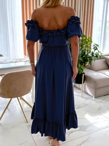 Xyvia Women's Off-Shoulder Solid Color Ruched Slit Design Elegant Waist-Cinching Party Dress - Navy Blue - View 2