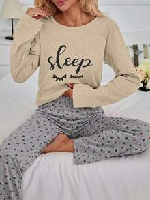 SHEIN Cottnline 100% Cotton 2-Piece Eye And Heart Print Pajama Set - Beige - View 5