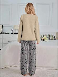 SHEIN Cottnline 100% Cotton 2-Piece Eye And Heart Print Pajama Set - Beige - View 2