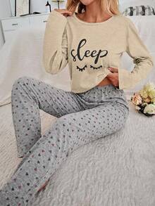 SHEIN Cottnline 100% Cotton 2-Piece Eye And Heart Print Pajama Set - Beige - View 6