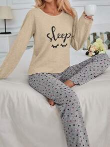 SHEIN Cottnline 100% Cotton 2-Piece Eye And Heart Print Pajama Set - Beige - View 4