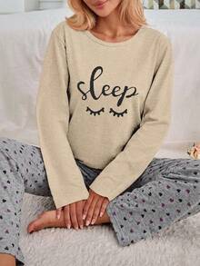 SHEIN Cottnline 100% Cotton 2-Piece Eye And Heart Print Pajama Set - Beige - View 3