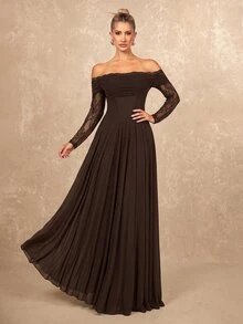 Lumalex Fall Winter Soft Flowy Mesh Lace Trim Long Sleeve Dress Going Out Vacation Outfits Cruise Outfit For Women - Coffee Brown - View 3