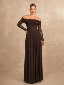 Lumalex Fall Winter Soft Flowy Mesh Lace Trim Long Sleeve Dress Going Out Vacation Outfits Cruise Outfit For Women - Coffee Brown - View 9