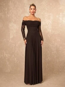 Lumalex Fall Winter Soft Flowy Mesh Lace Trim Long Sleeve Dress Going Out Vacation Outfits Cruise Outfit For Women - Coffee Brown - View 8
