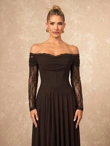 Lumalex Fall Winter Soft Flowy Mesh Lace Trim Long Sleeve Dress Going Out Vacation Outfits Cruise Outfit For Women - Coffee Brown - View 10