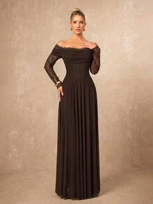 Lumalex Fall Winter Soft Flowy Mesh Lace Trim Long Sleeve Dress Going Out Vacation Outfits Cruise Outfit For Women - Coffee Brown - View 7