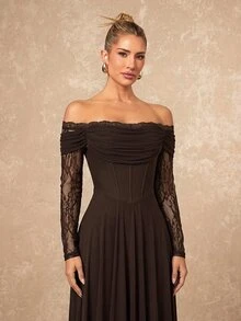 Lumalex Fall Winter Soft Flowy Mesh Lace Trim Long Sleeve Dress Going Out Vacation Outfits Cruise Outfit For Women - Coffee Brown - View 2