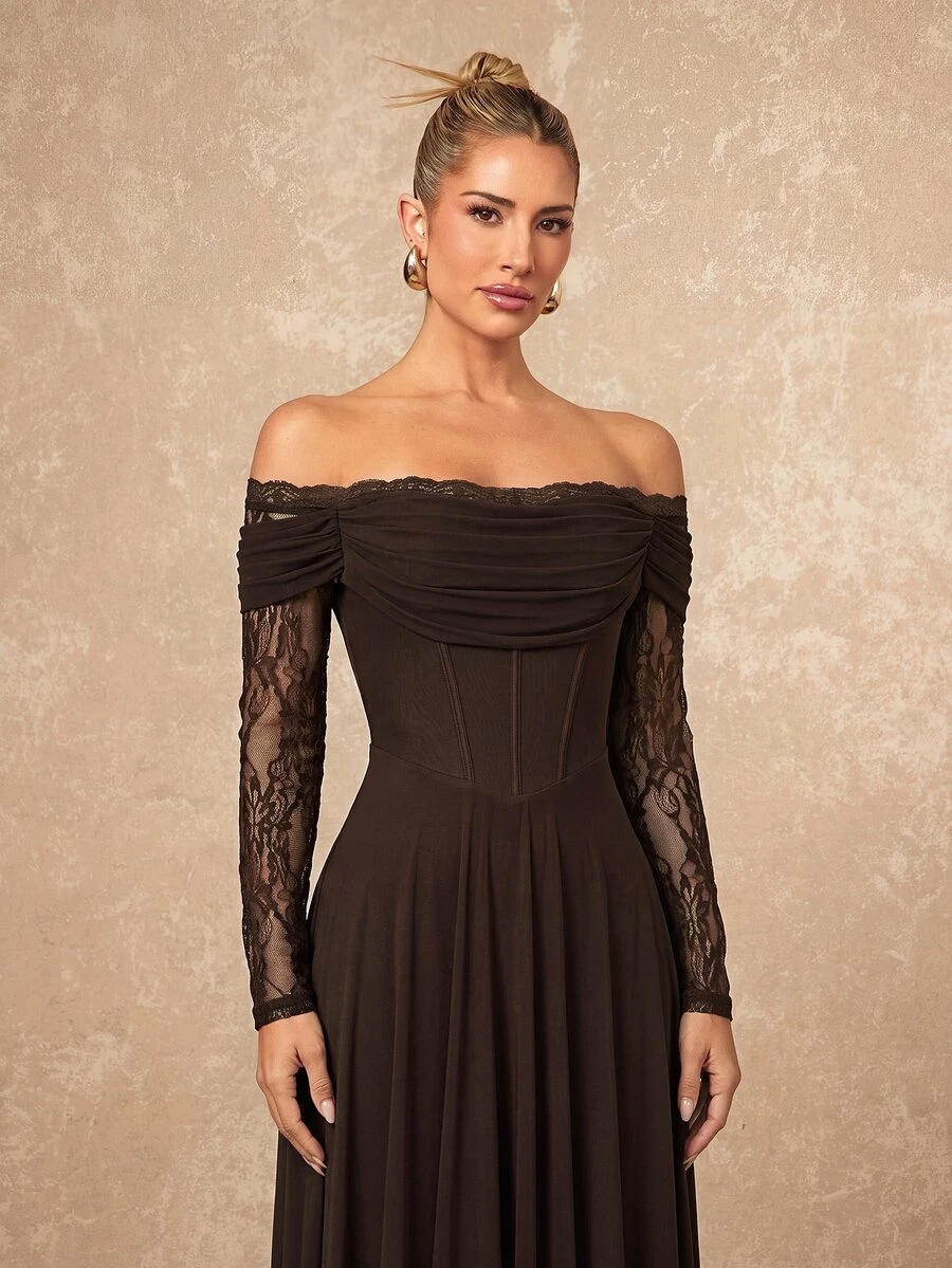 Lumalex Fall Winter Soft Flowy Mesh Lace Trim Long Sleeve Dress Going Out Vacation Outfits Cruise Outfit For Women